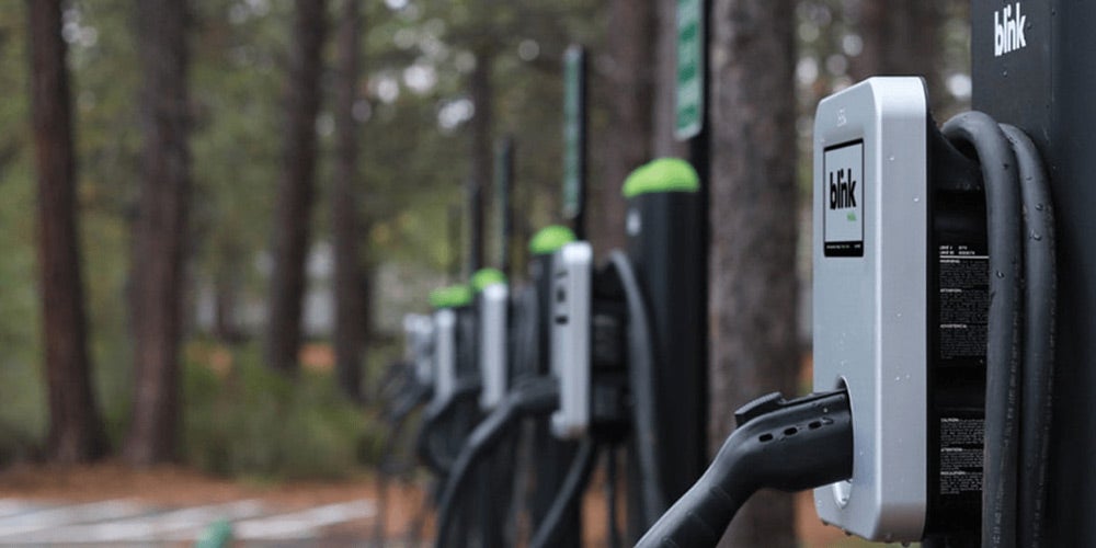 a bank of Blink public EV charging stations